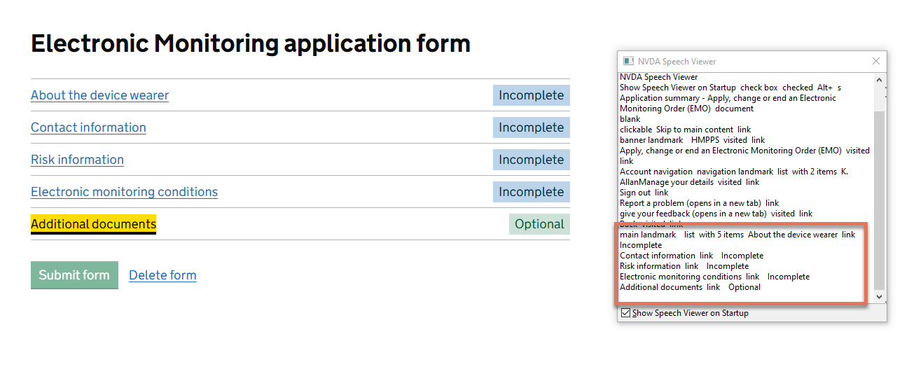 Summary table with links and status tags