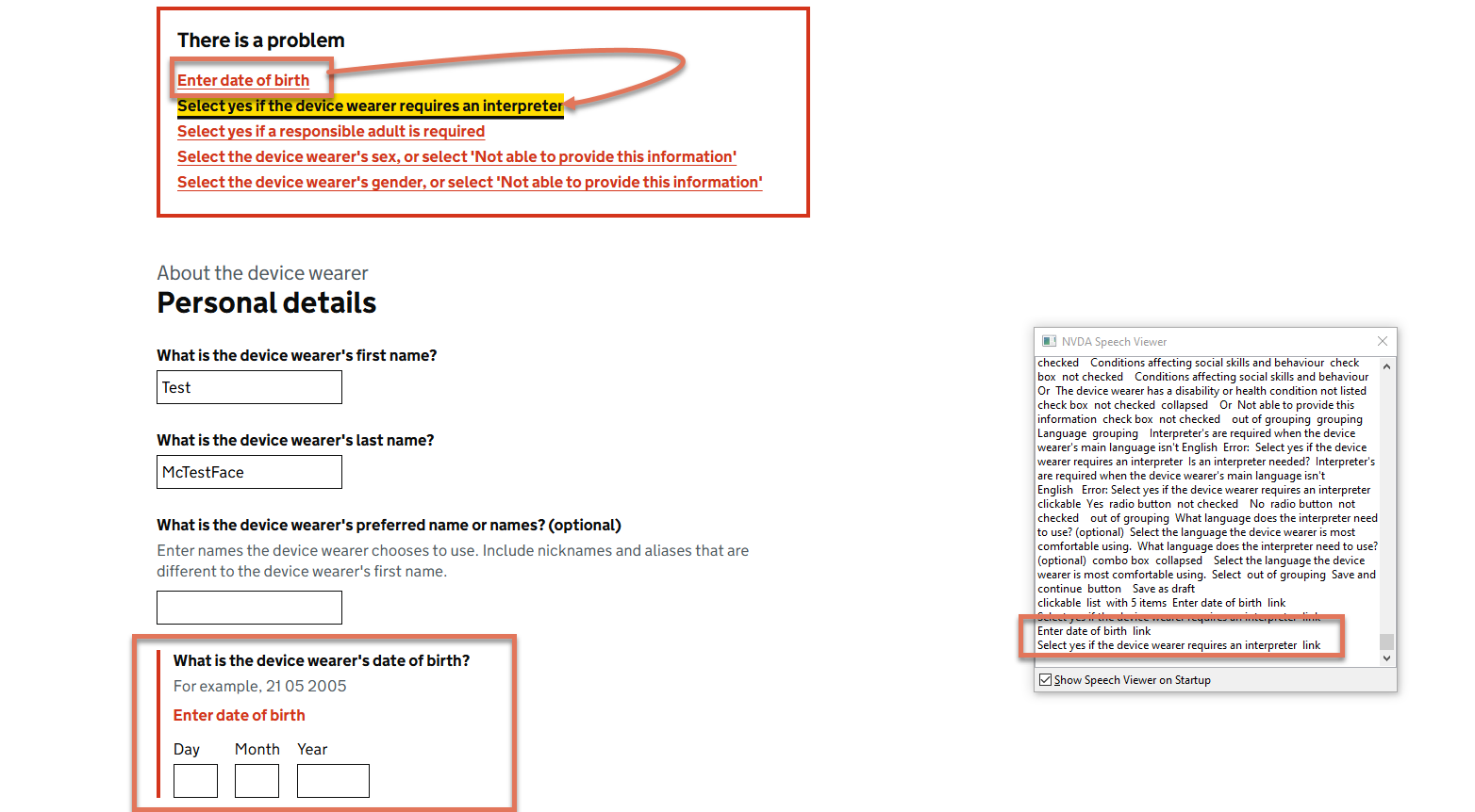 Focus order of error summary page