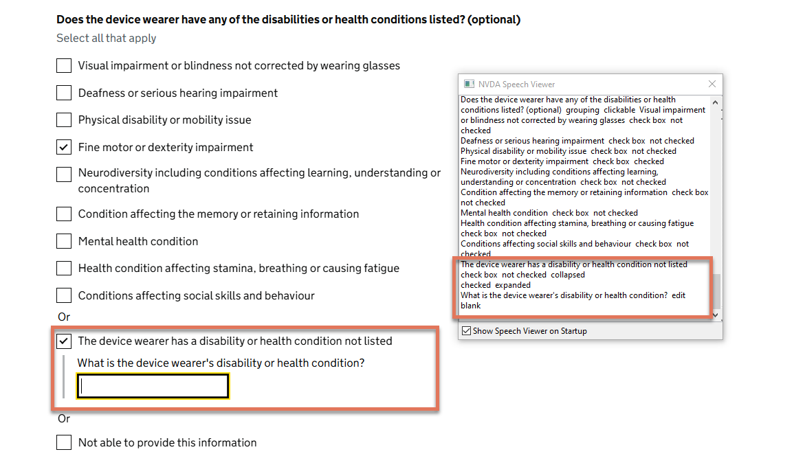 Secondary input in disability checklist