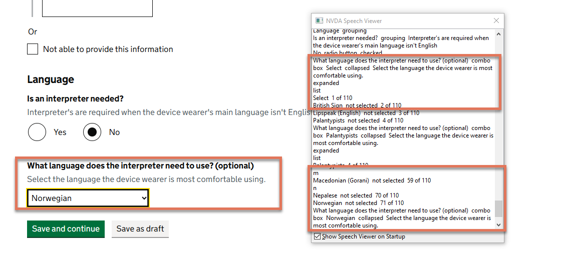 Combobox with NVDA speech viewer activated