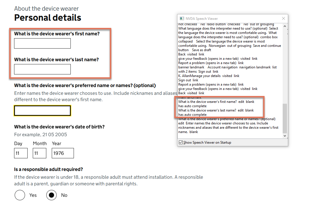 Optional and required questions on Personal Details page