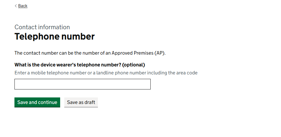 Telephone number on Contact Details page