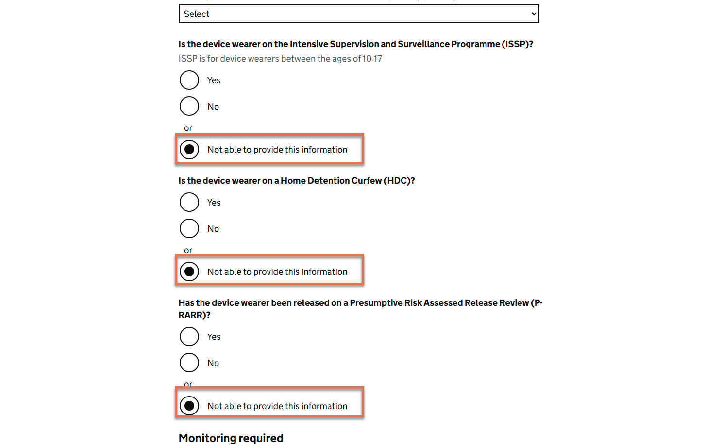 Radio button inputs on Monitoring Details page