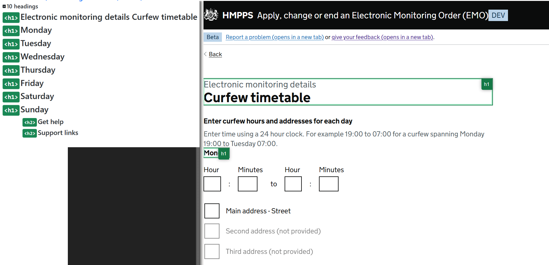 Headings on Curfew Timetable page