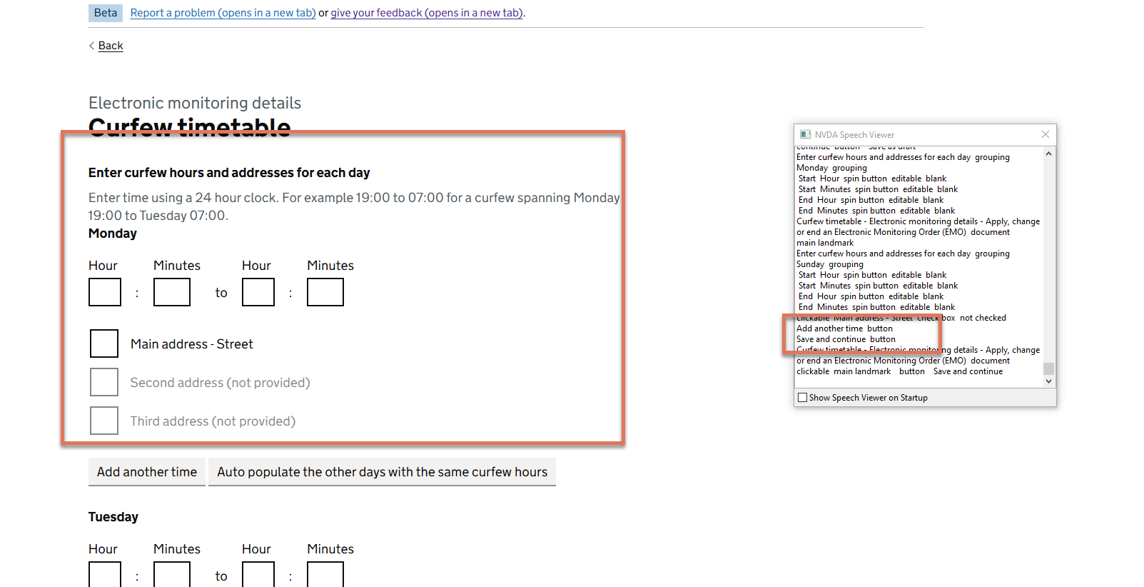 Curfew timetable page after attempting to submit an empty form