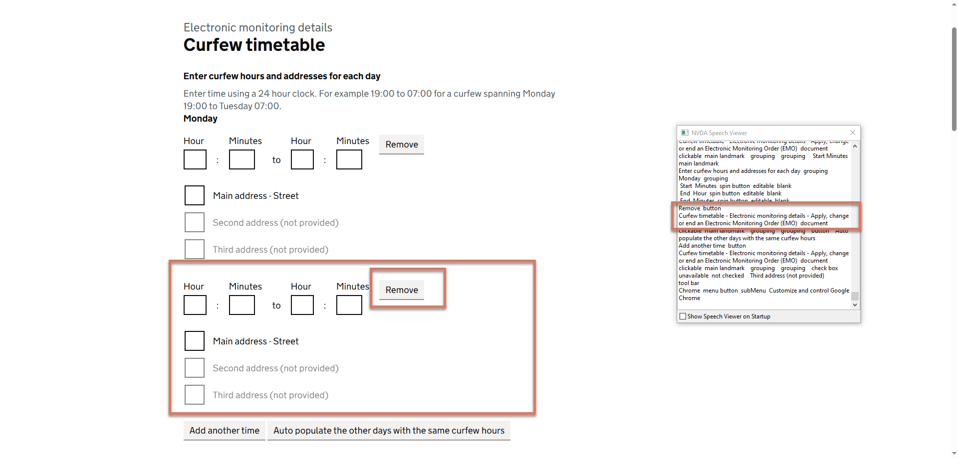 Remove button and NVDA announcement on Curfew Timetable page