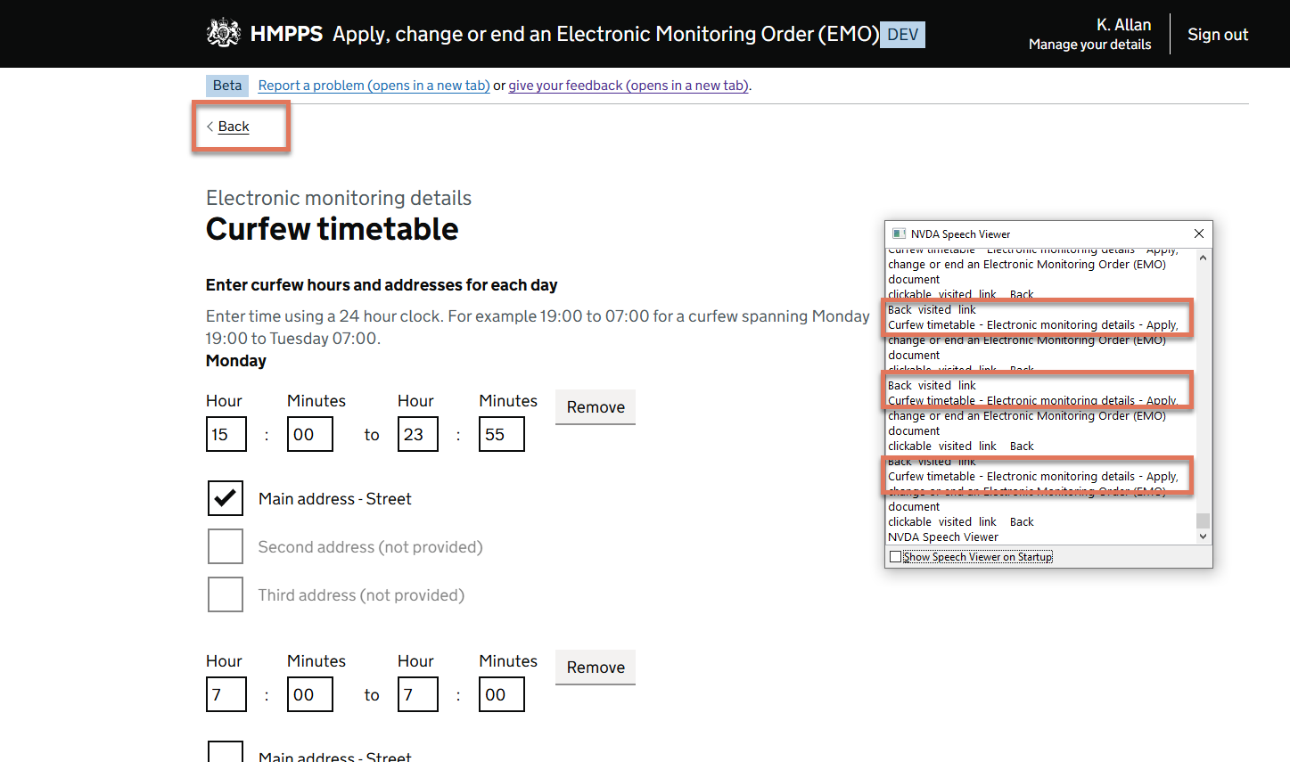 NVDA speech viewer highlighting same page load