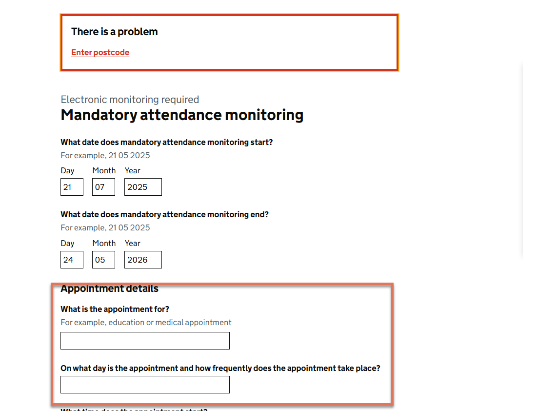 Optional questions on Mandatory Attendance Monitoring page