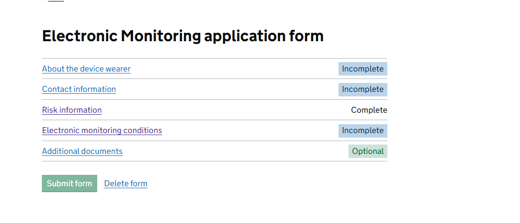 Application form with links to each section