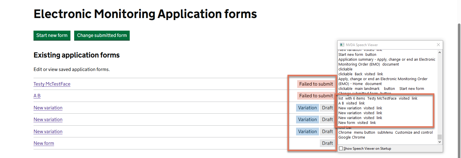 Form with status and NVDA speech viewer highlighted